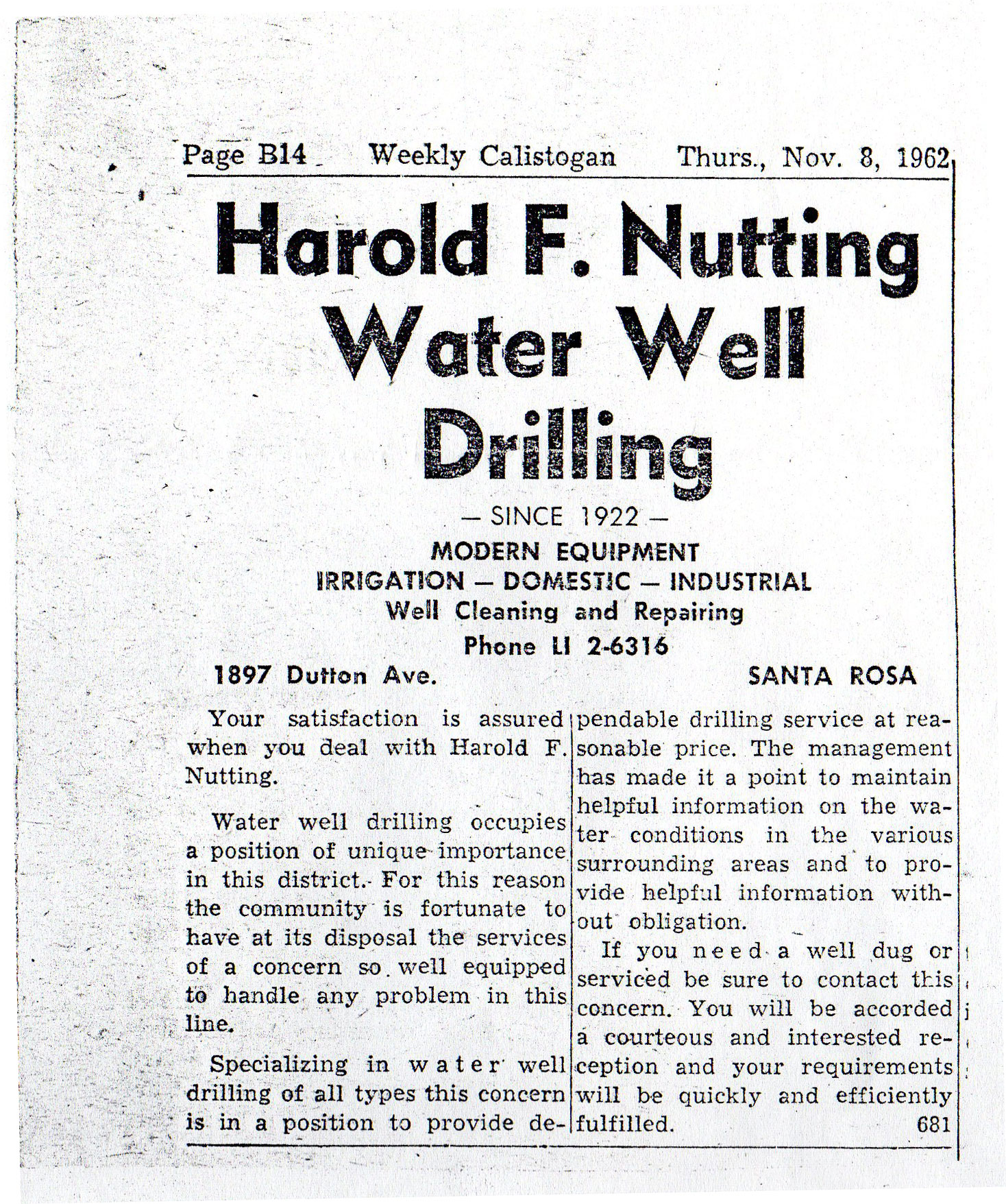 Article in the Weekly Calistogan regarding the Nutting drilling operations from 1962.